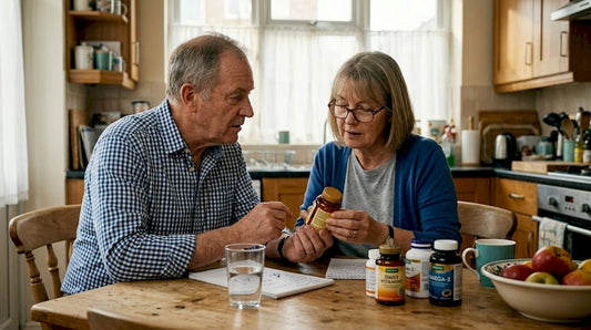 Older couple reviewing vitamin supplements together