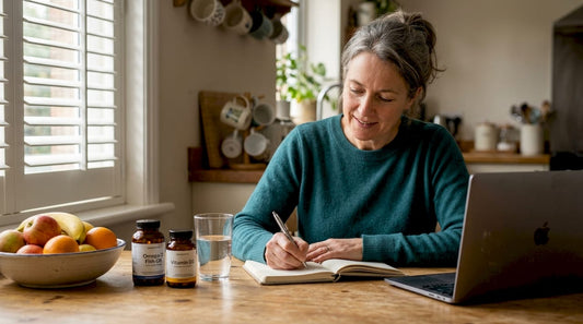 Woman tracking supplements in home kitchen