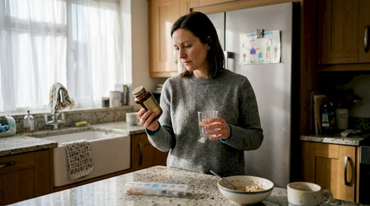 Woman reading supplement bottle in kitchen