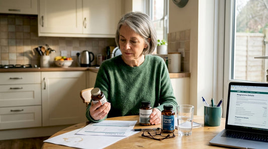 Older woman reviewing supplement bottles at home