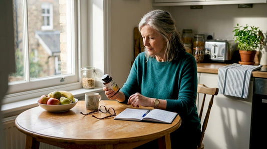 Older woman reading supplement label at kitchen table