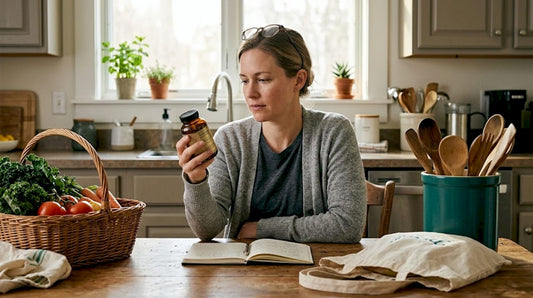 Woman reviews supplement bottle label at kitchen table