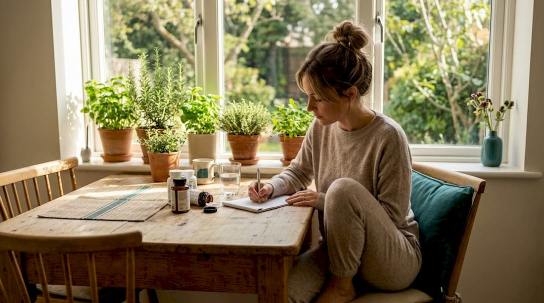 Woman planning supplement routine in kitchen