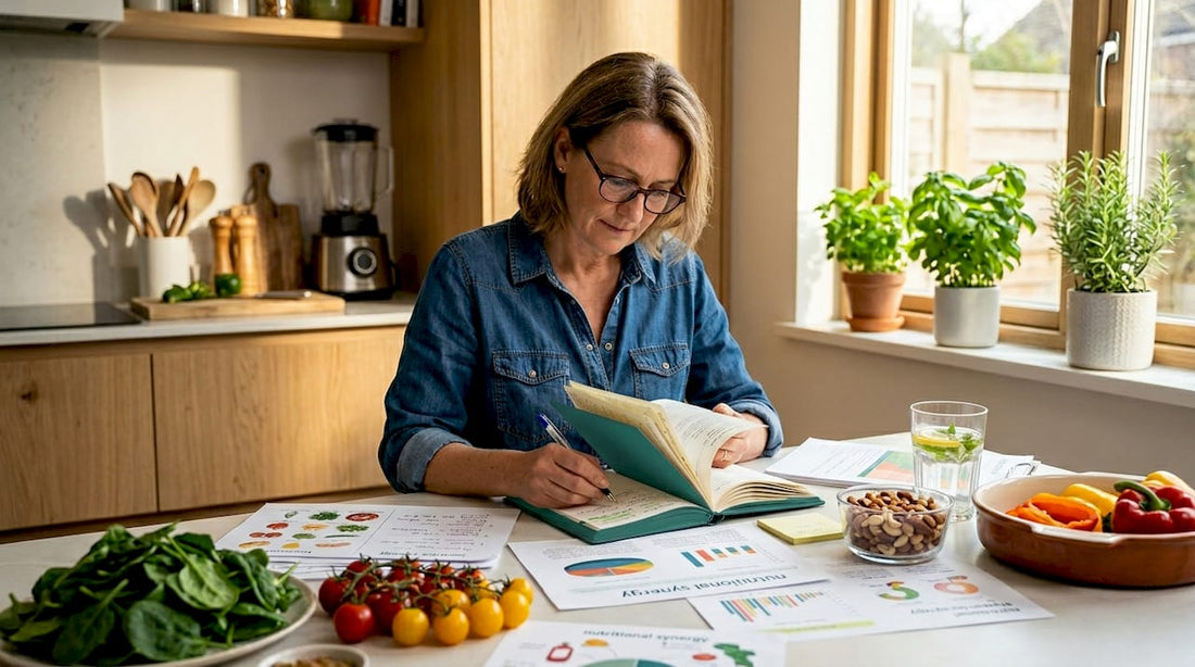 Nutritionist reviewing nutritional synergy charts in kitchen