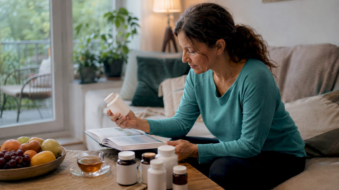 Woman reading dietary supplement label at table