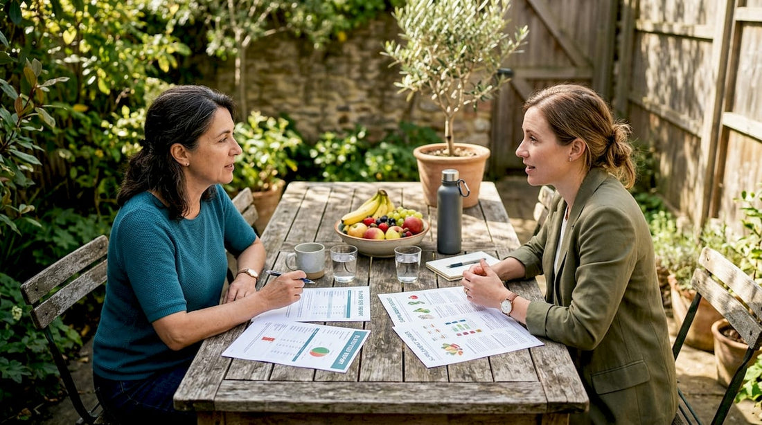 Adult consulting dietitian about vitamins