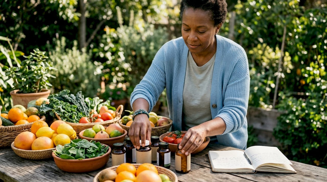 Woman sorting immune support foods and supplements