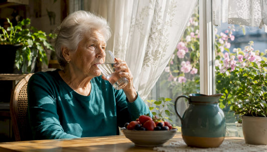 Elderly woman drinking water at kitchen table