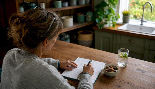Middle-aged woman logging nutrient intake at kitchen table