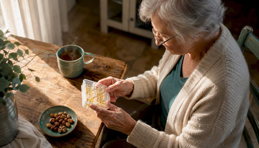 Elderly woman handling fish oil capsules