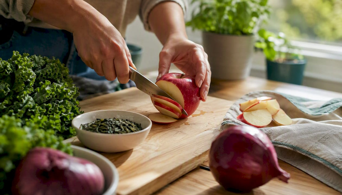 Quercetin-rich foods on rustic kitchen table