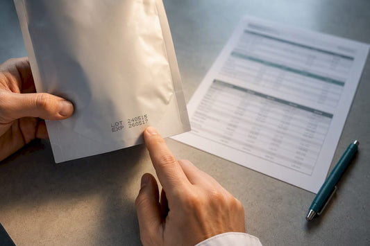 Hands checking supplement batch documentation