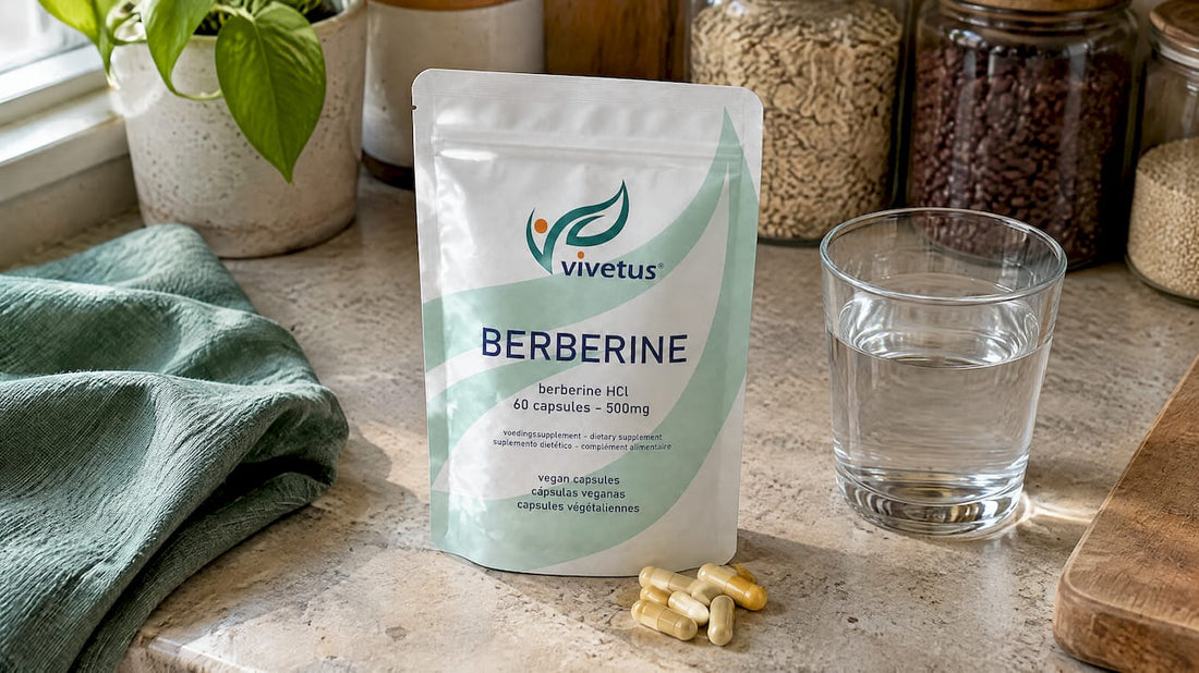 Vivetus berberine product beside water