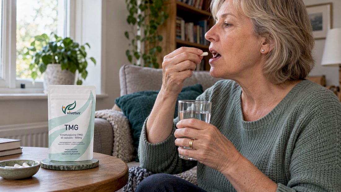 Adult taking TMG beside its product pack